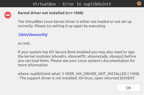 Error de kernel al ejecutar VirtualBox