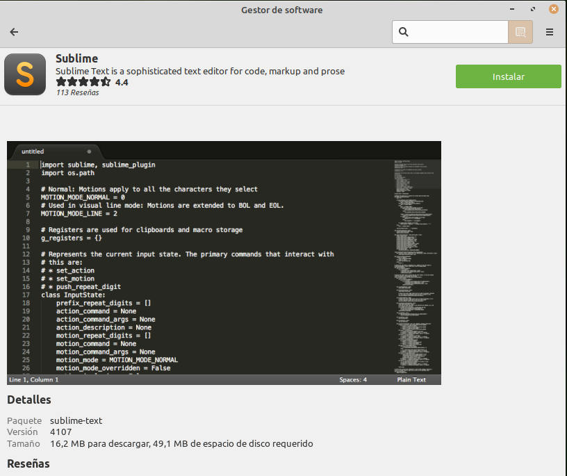 Gestor de Software de Linux Mint - Instalar Sublime Text