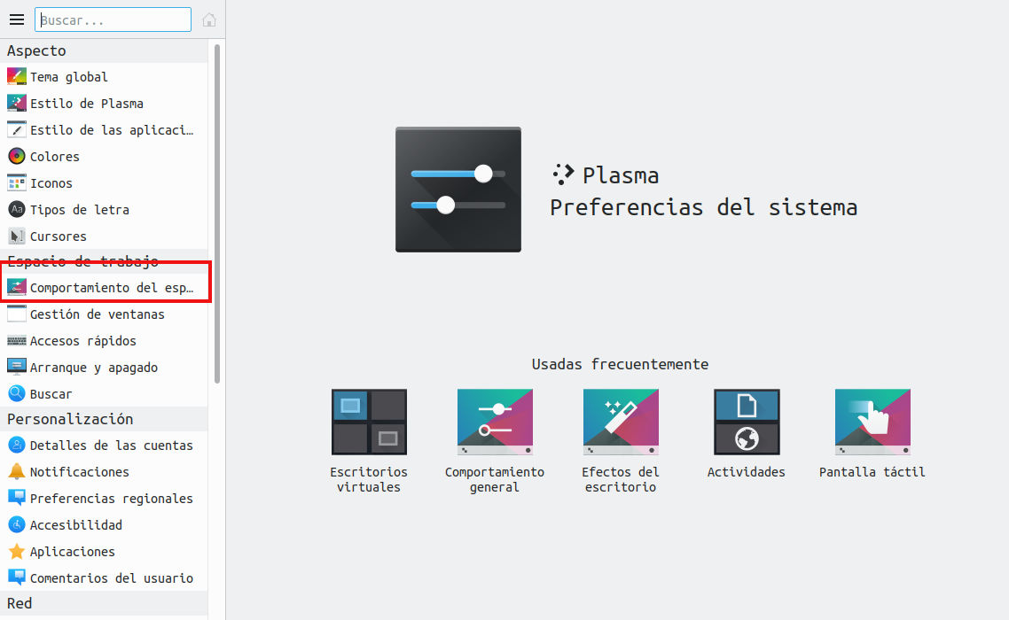 Menú de KDE - Preferencias del sistema - Comportamiento del espacio de trabajo