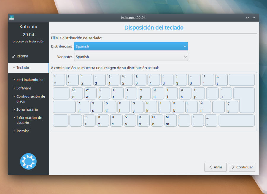 Instalacion de kubuntu 20.04 - seleccion idioma del teclado