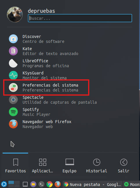 Buscar Preferencias del Sistema en el menu de KDE