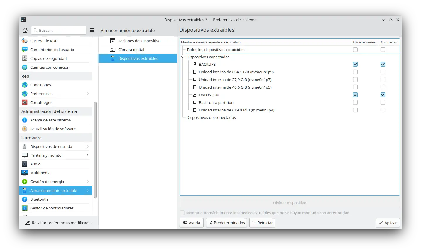 Preferencias del sistema  KDE - Almacenamiento extraible