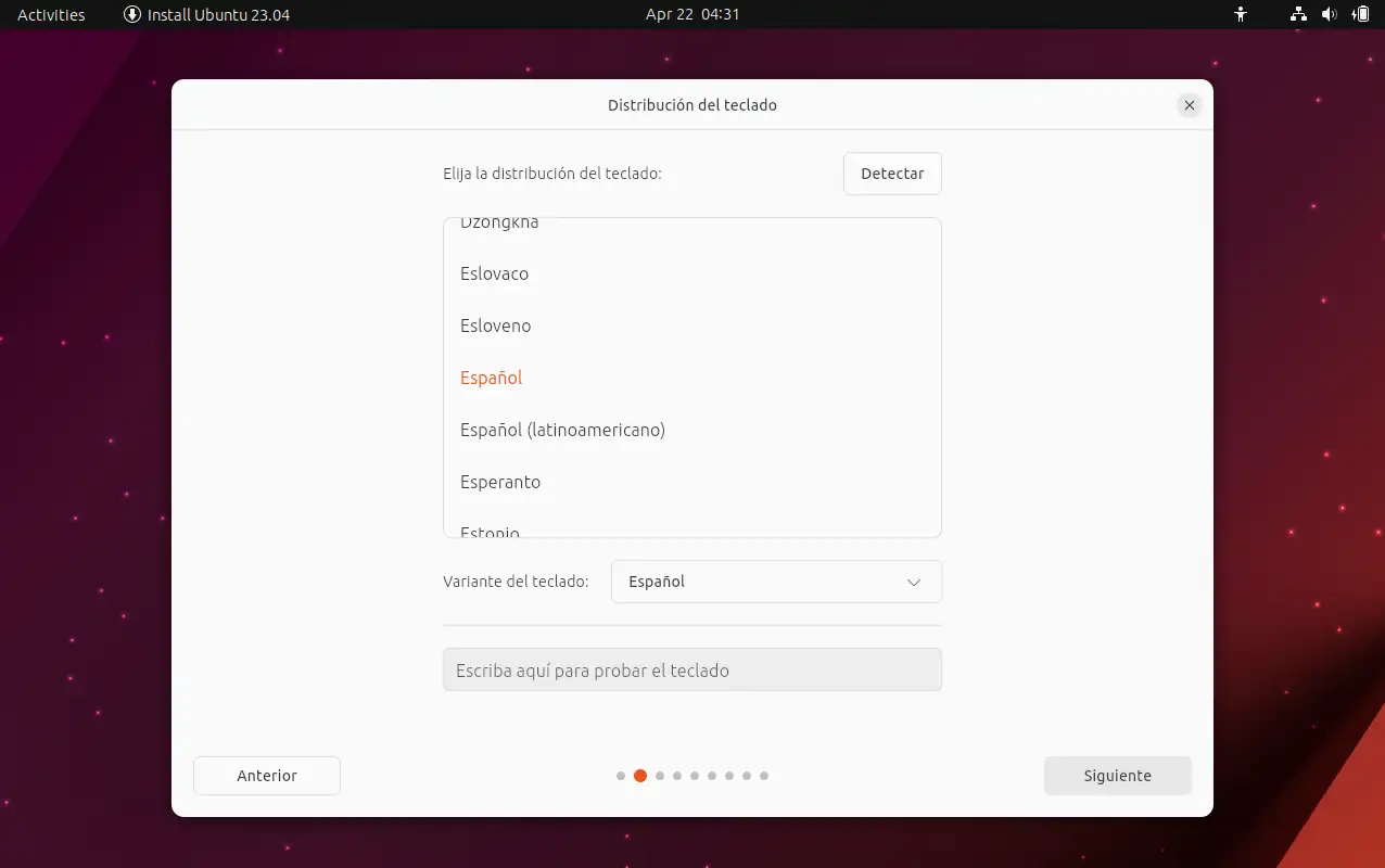 Instalación Ubuntu - Seleccionar idioma teclado