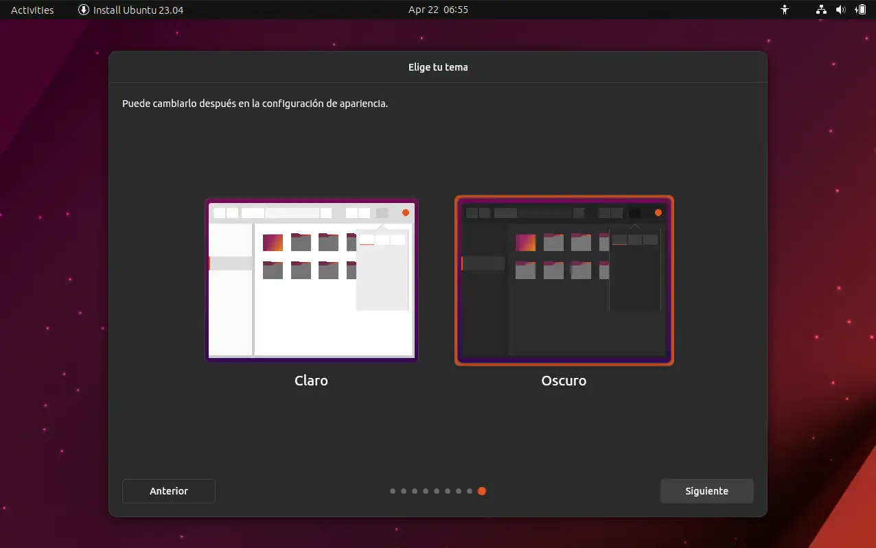Instalación Ubuntu - Seleccionar tema claro o oscuro