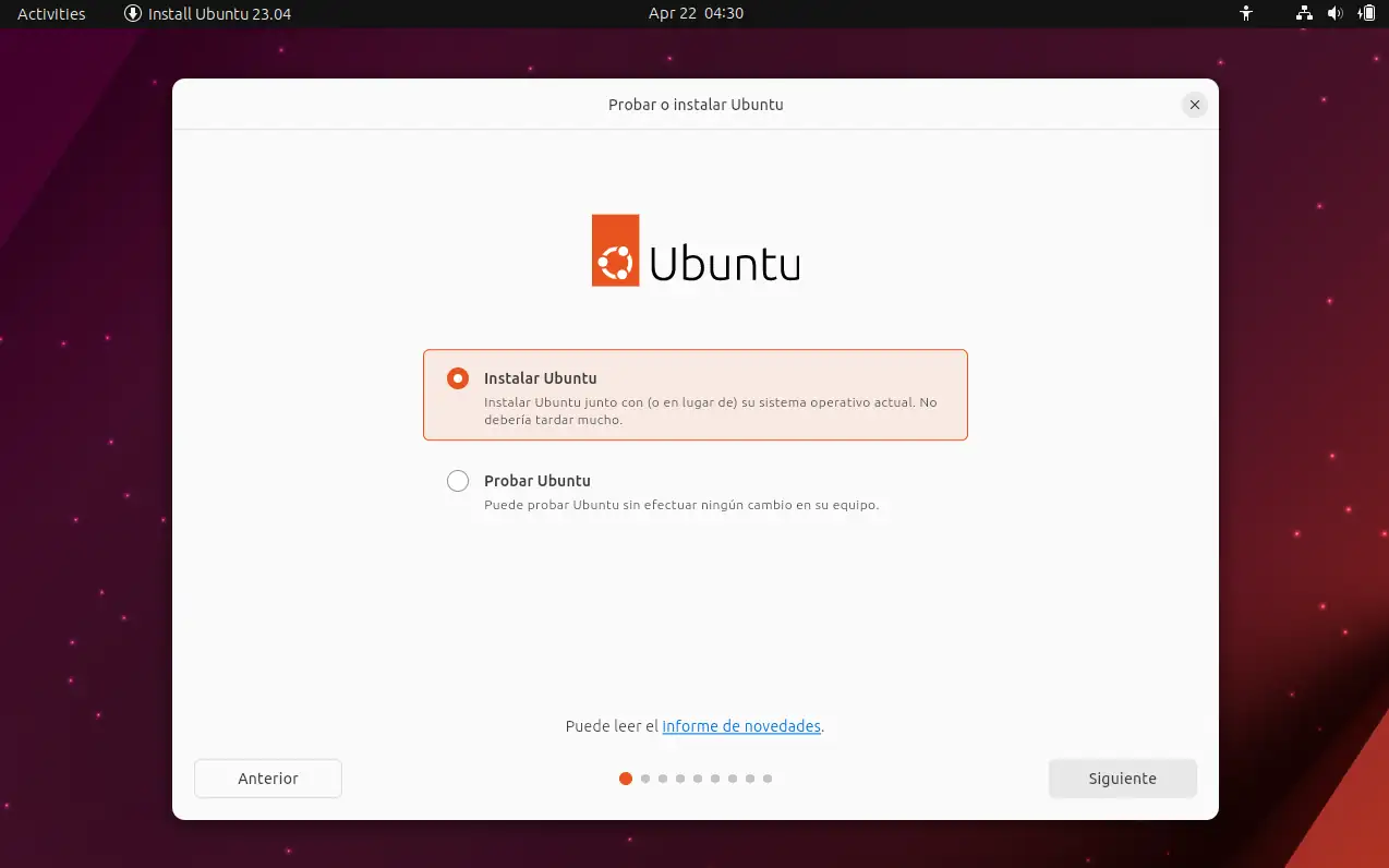Instalación Ubuntu - Seleccionar si instalamos o probamos Ubuntu