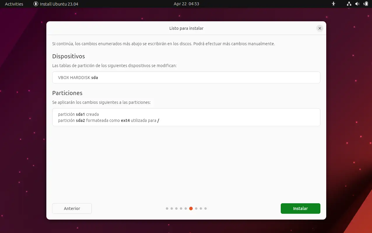 Instalación Ubuntu - Tipo de instalación - aplicar cambios
