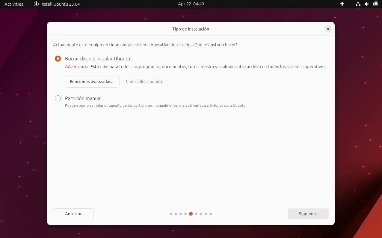 Instalación Ubuntu - Tipo de instalación - borrar disco
