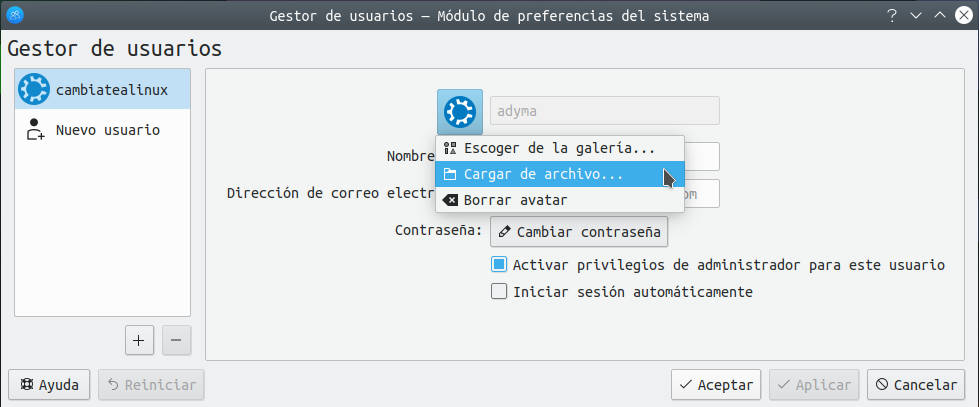 Aplicación para cambiar datos de usuario en KDE Linux