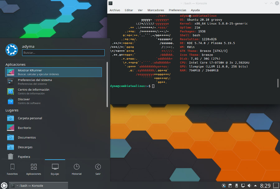 Escritorio de Kubuntu (Ubuntu con KDE 20.10)