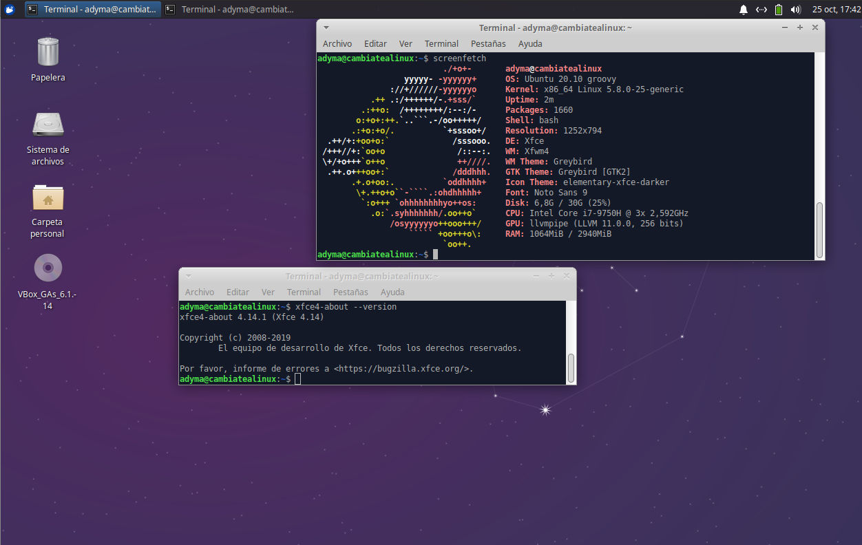 Escritorio de Xubuntu (Ubuntu con XFCE 20.10)