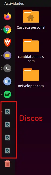 Discos en el dock lateral de Ubuntu