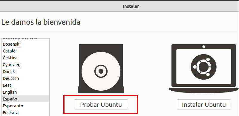 Pantalla inicial de instalación de Ubuntu - Seleccionar probar