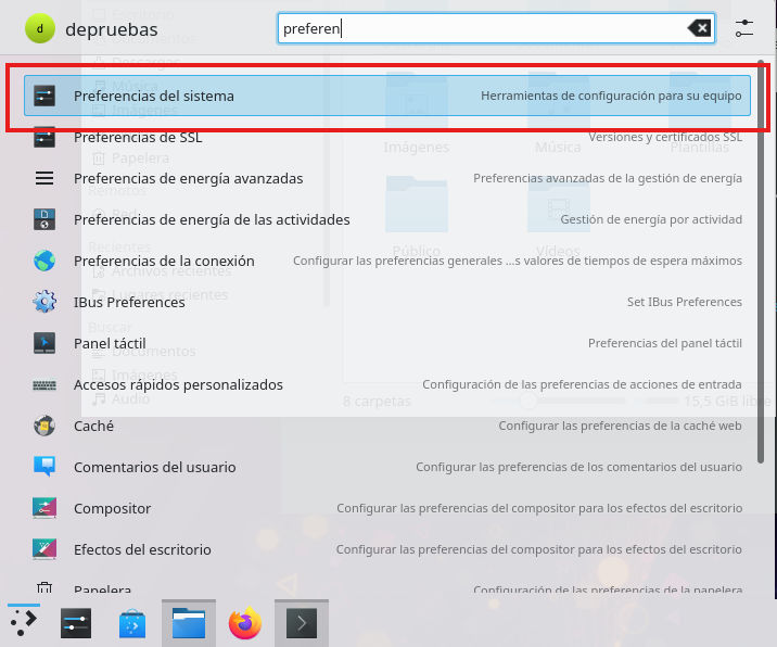 Menú KDE - buscar preferencias del sistema