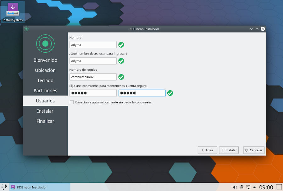 Instalación de KDE Neon - datos de usuario
