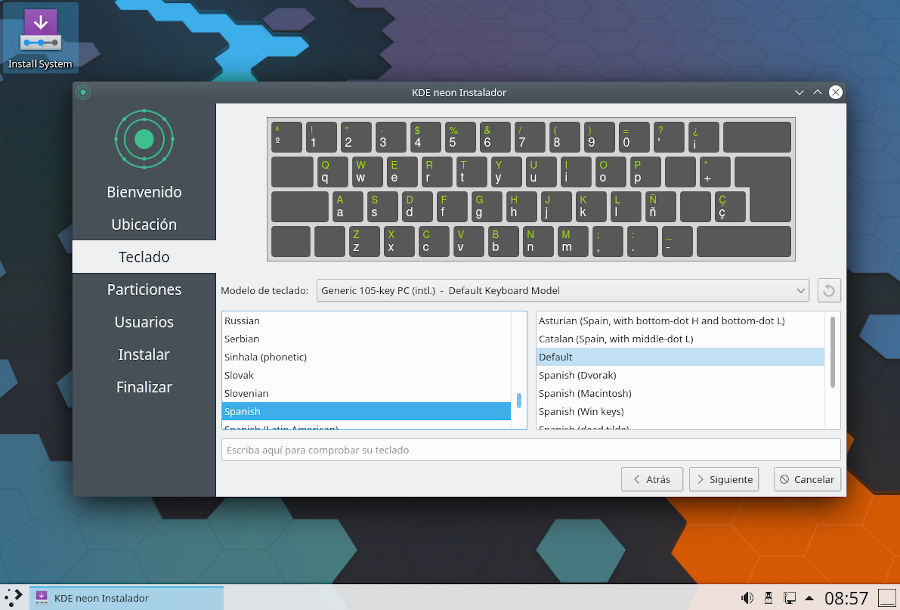 Instalación de KDE Neon - selección del idioma del teclado