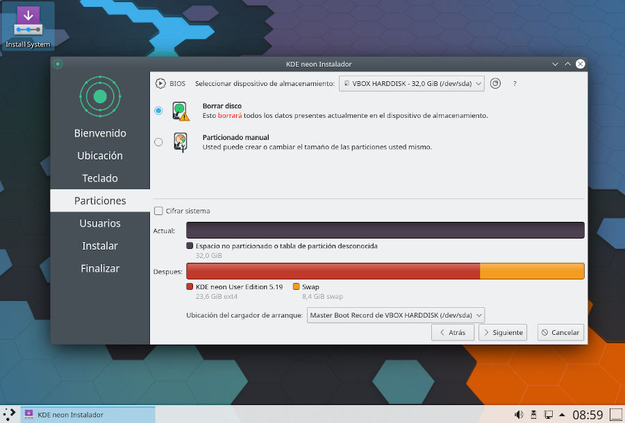 Instalación de KDE Neon - selección de la partición de instalación