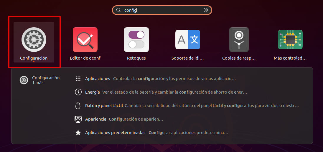 Buscar en el menú de Ubuntu la aplicación configuración