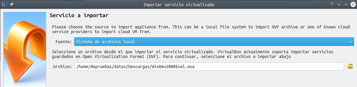 Virtualbox - importar servicio virtualizado - ruta fichero ova