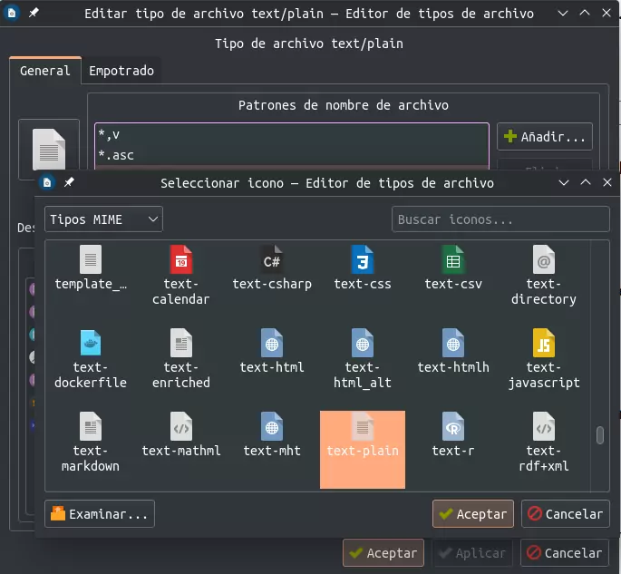 Ventana para seleccionar un icono para un fichero en KDE