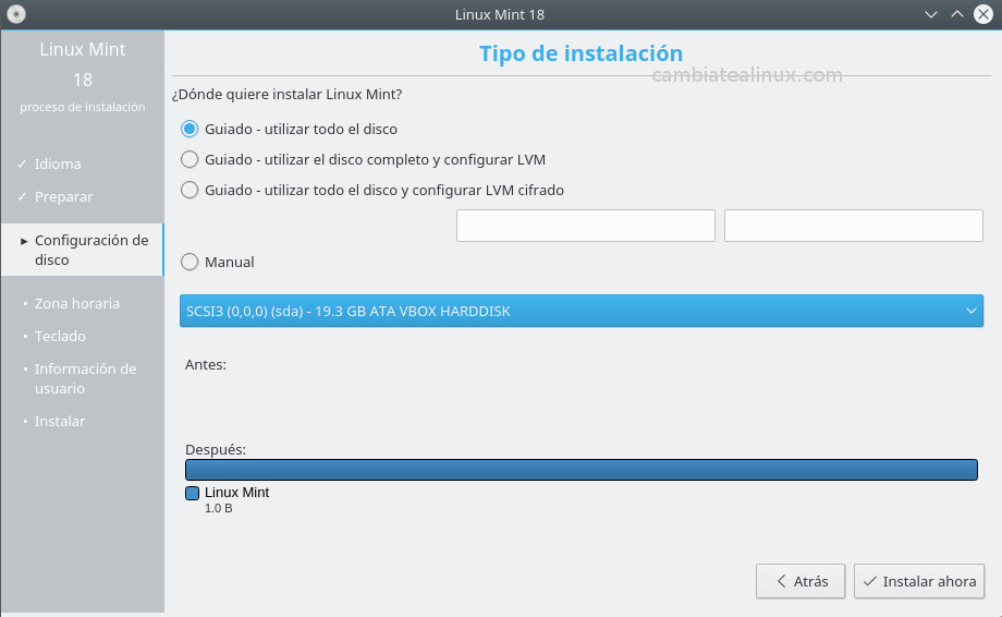 Instalacion de linux-mint-18-KDE - Particionado del disco