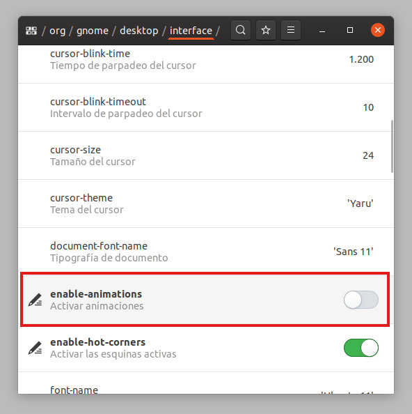 Activar desactiar animaciones en el menu de GNOME