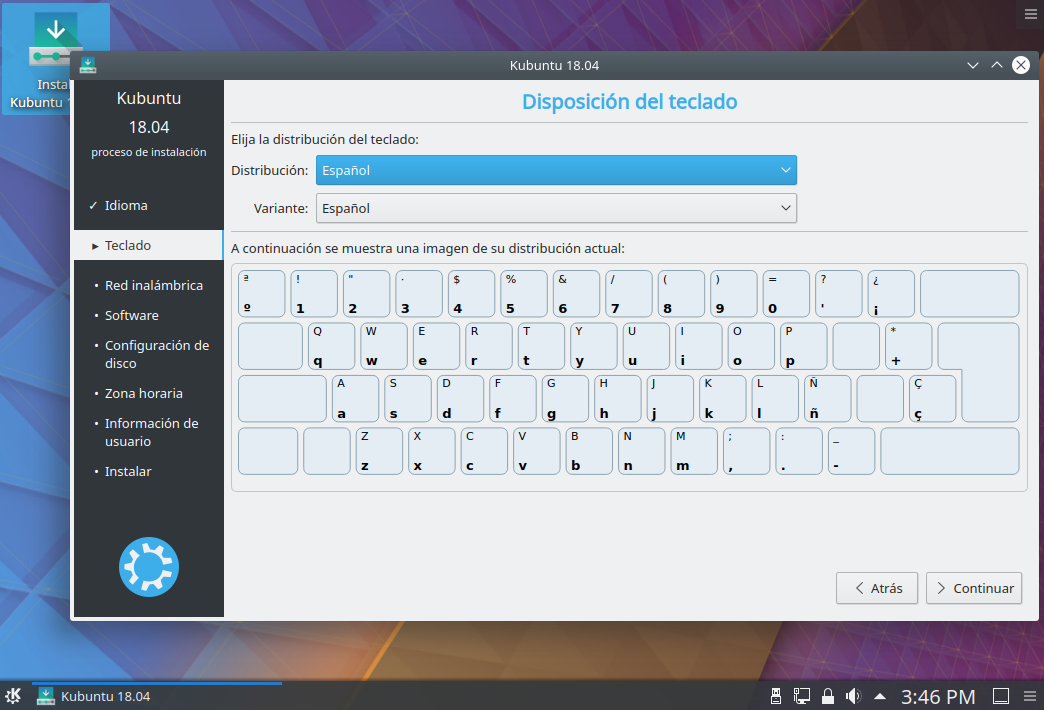 Instalacion de kubuntu 18.04 - seleccion idioma del teclado