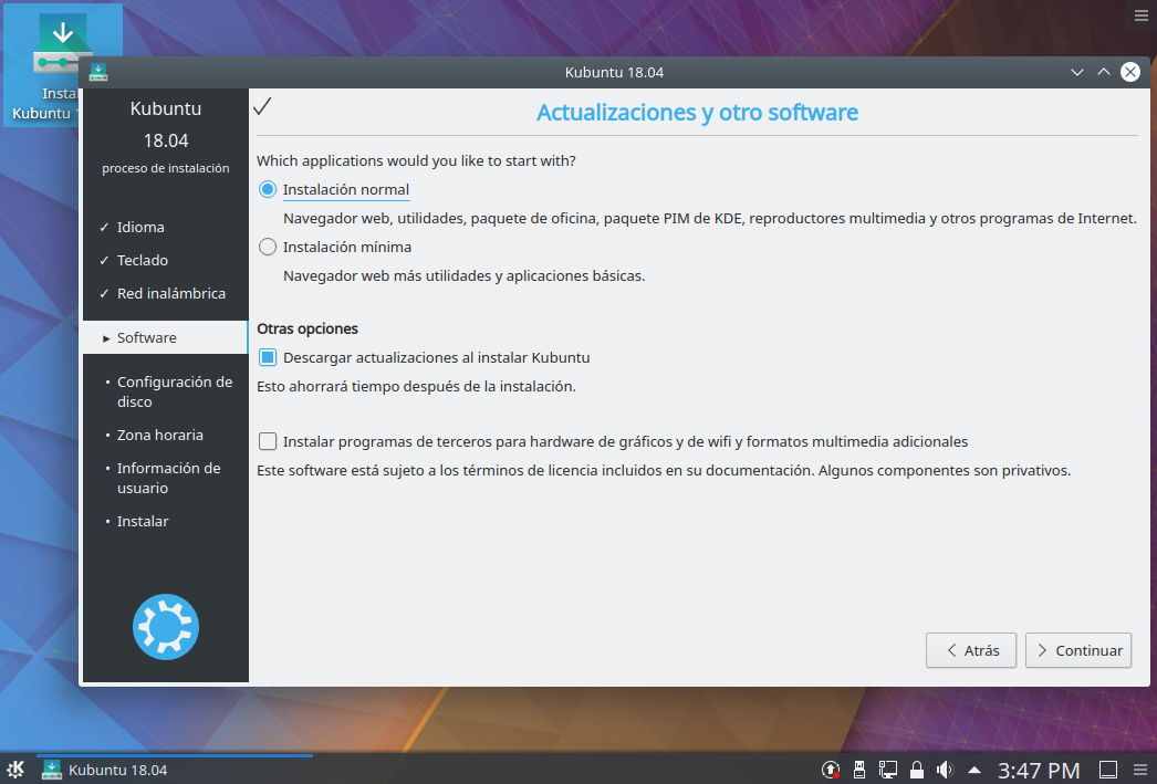 Instalacion de kubuntu 18.04 - seleccion software de terceros