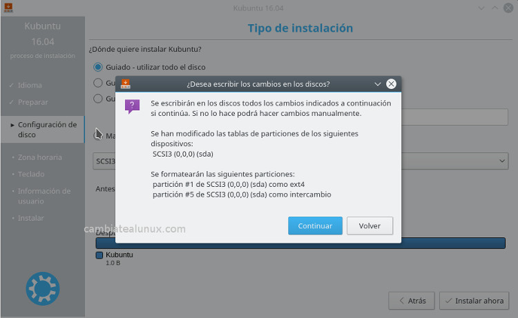 Instalacion de Kubuntu 16.04 - Particionado del disco aviso de borrado