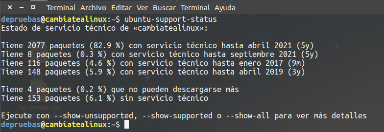 Informacion de soporte de los paquetes de ubuntu