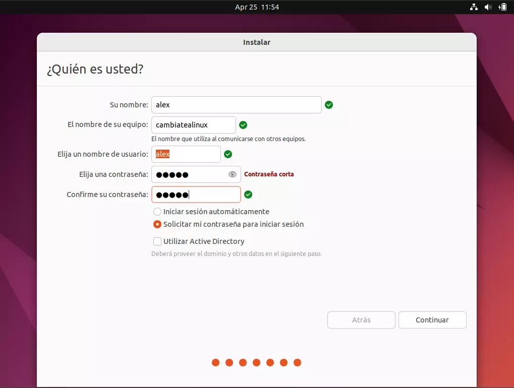 Instalacion de Ubuntu - Datos de usuario para el acceso
