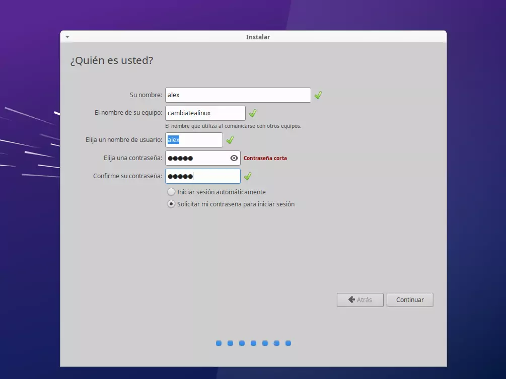 Instalación de Xubuntu - Datos de usuario para el acceso