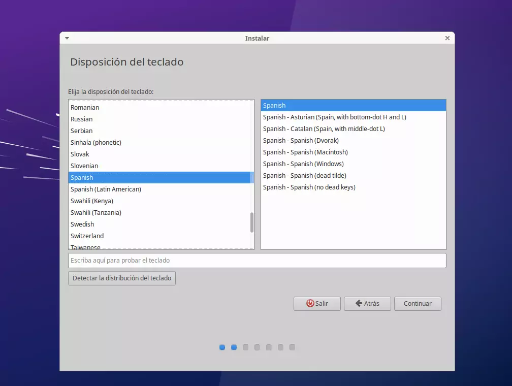 Instalacion de Xubuntu - selección del idioma del teclado