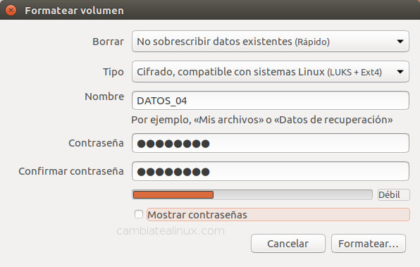 Formatear disco en Ubuntu con cifrado