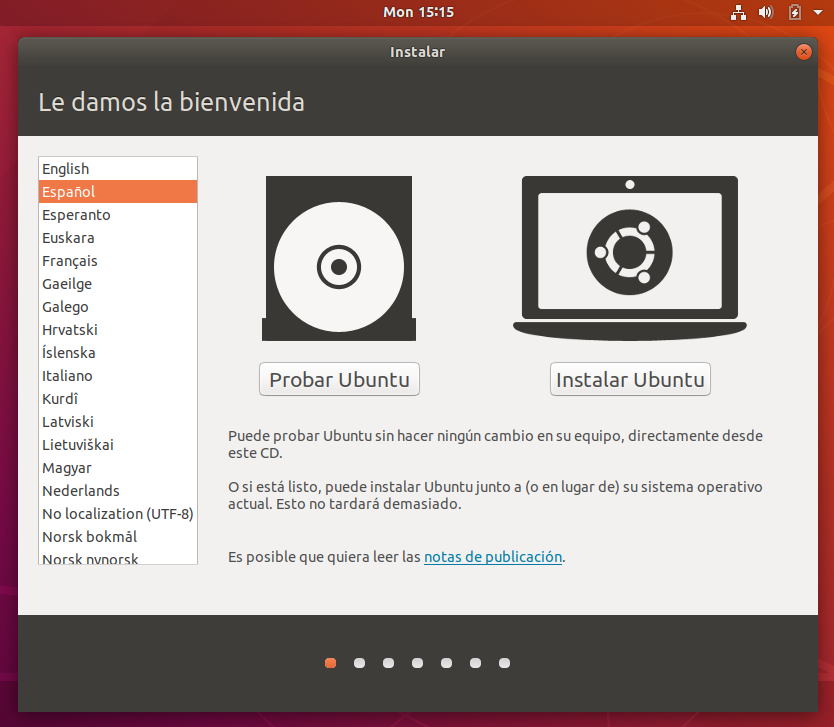 Instalacion de ubuntu 18.04 - seleccion idioma