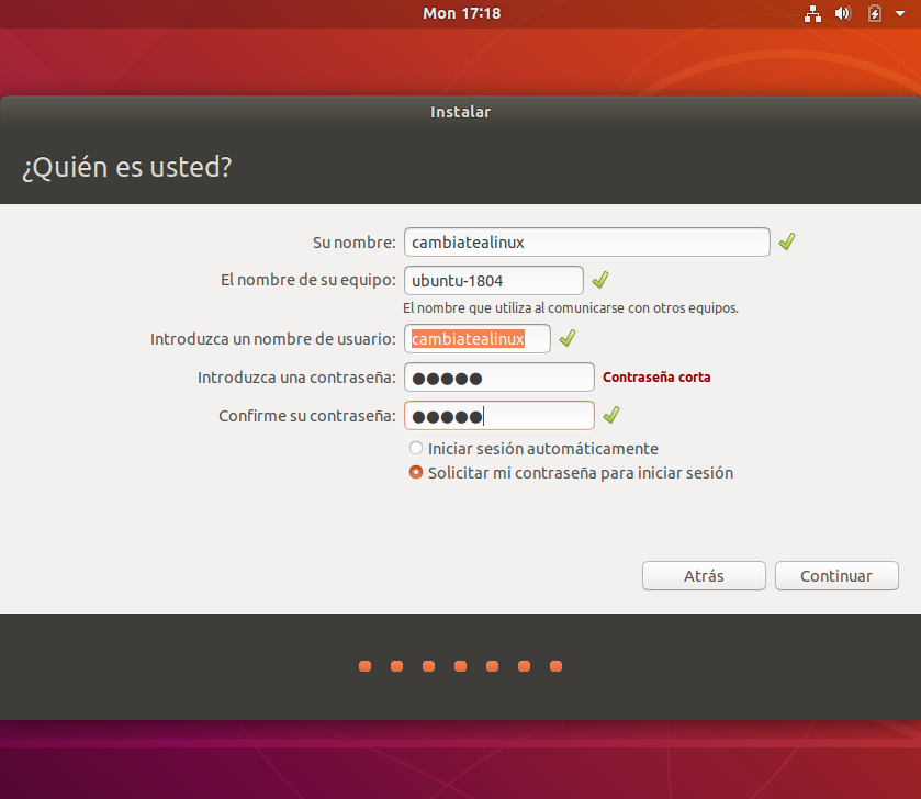 Instalacion de ubuntu 18.04 - datos de usuario