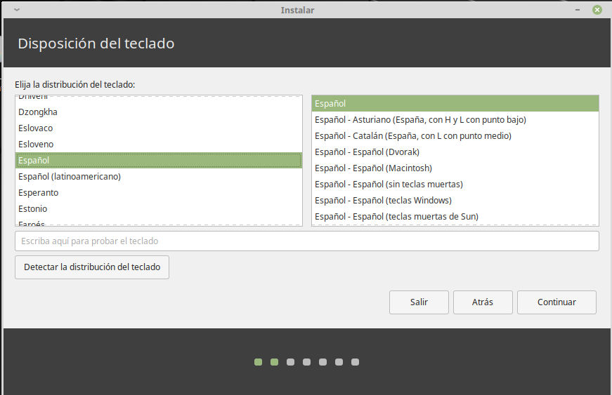 Instalacion de Linux Mint 19.1 XFCE - seleccion idioma del teclado