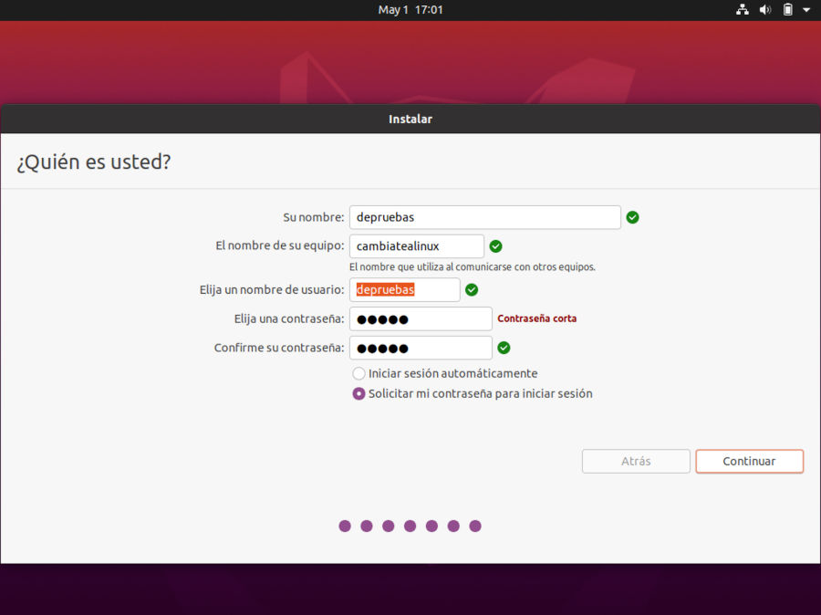 Instalacion de ubuntu 20.04 - datos de usuario