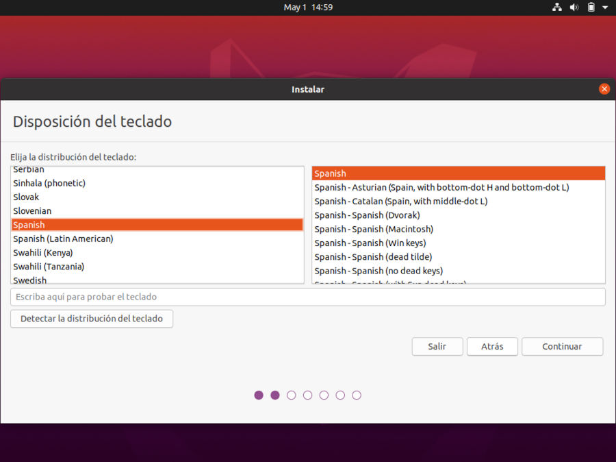 Instalacion de ubuntu 20.04 - seleccion idioma del teclado