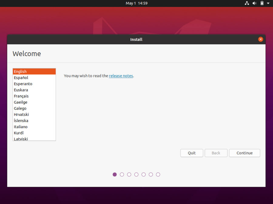 Instalación de ubuntu 19.04 - selección idioma