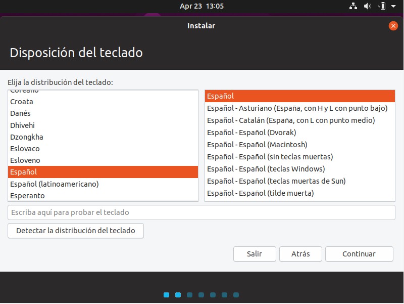 Instalacion de ubuntu 19.04 - seleccion idioma del teclado