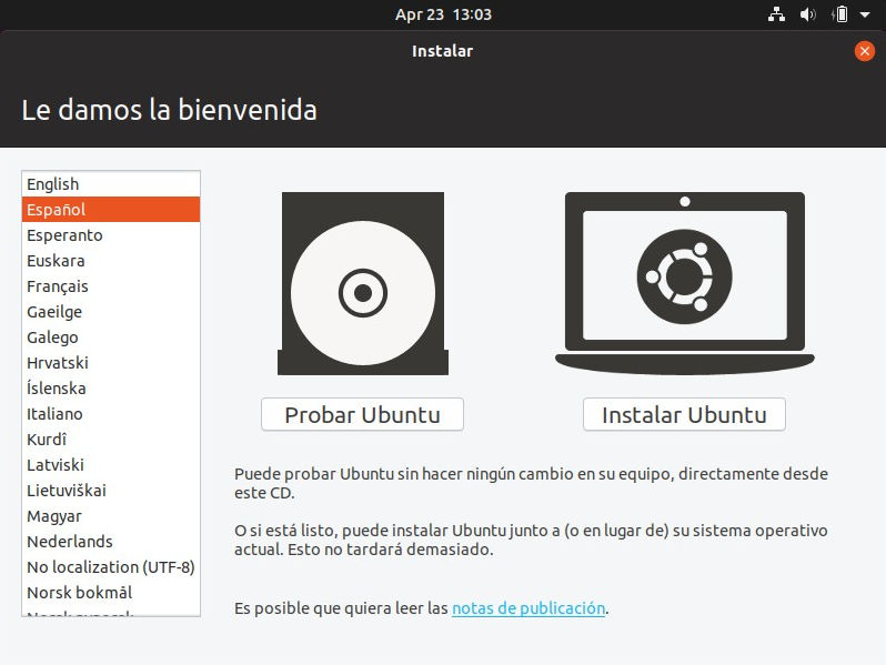 Instalacion de ubuntu 19.04 - seleccion idioma