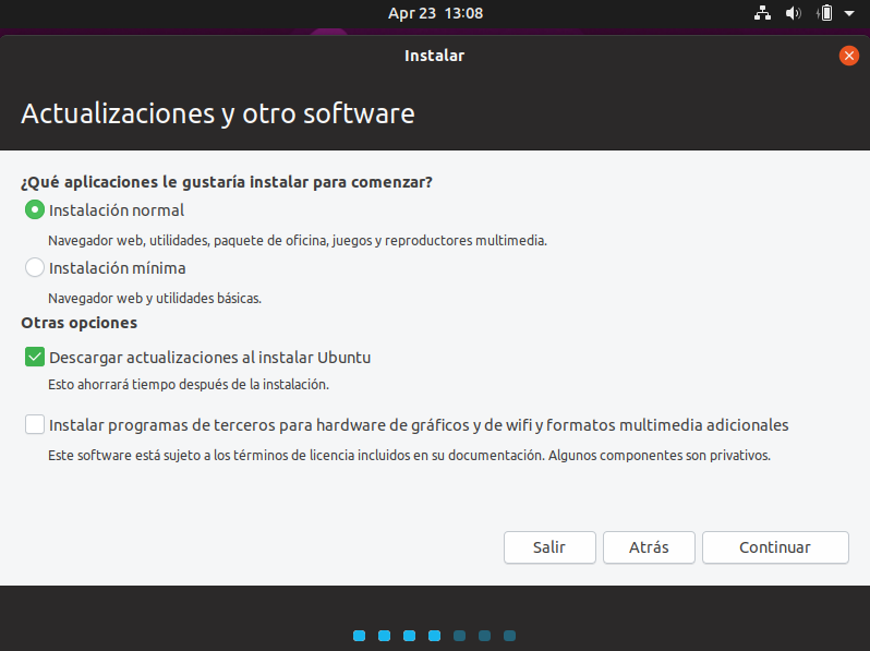 Instalacion de ubuntu 19.04 - seleccion software de terceros