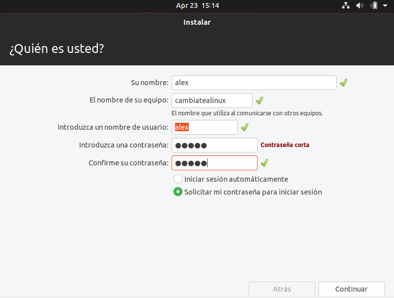 Instalacion de ubuntu 19.04 - datos de usuario