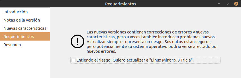 Asistente a la actualizacion de Linux Mint - Resumen y aceptamos
